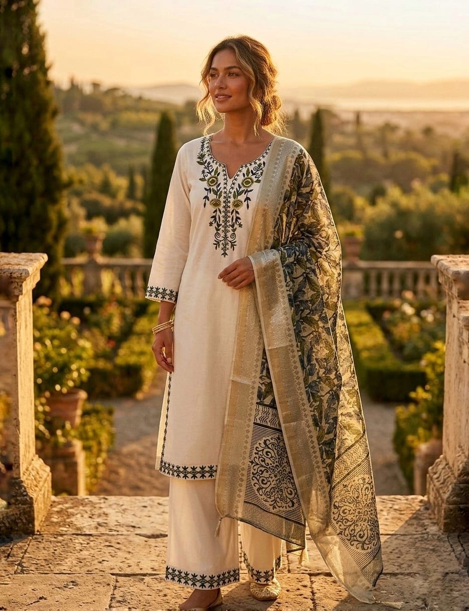 KHADI COTTON EMBROIDERED KURTI PANT SET WITH DUPATTA