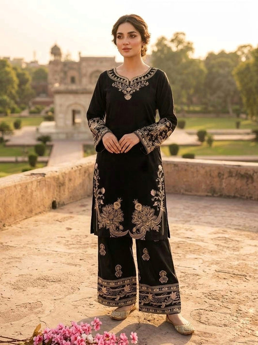 MUSLIN COTTON EMBROIDERED KURTI PLAZZO CORD SET