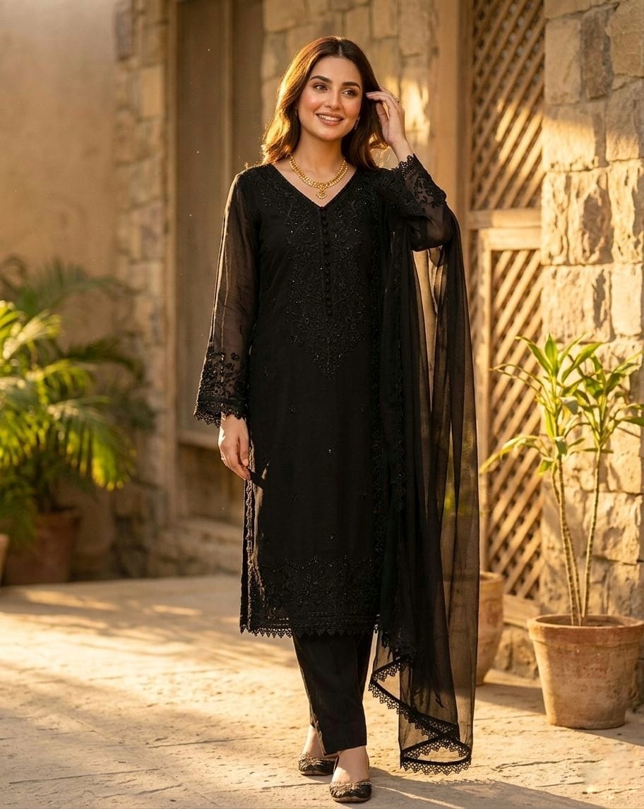 GEORGETTE SEQUENCE EMBROIDERED TOP PLAZZO SET WITH DUPATTA