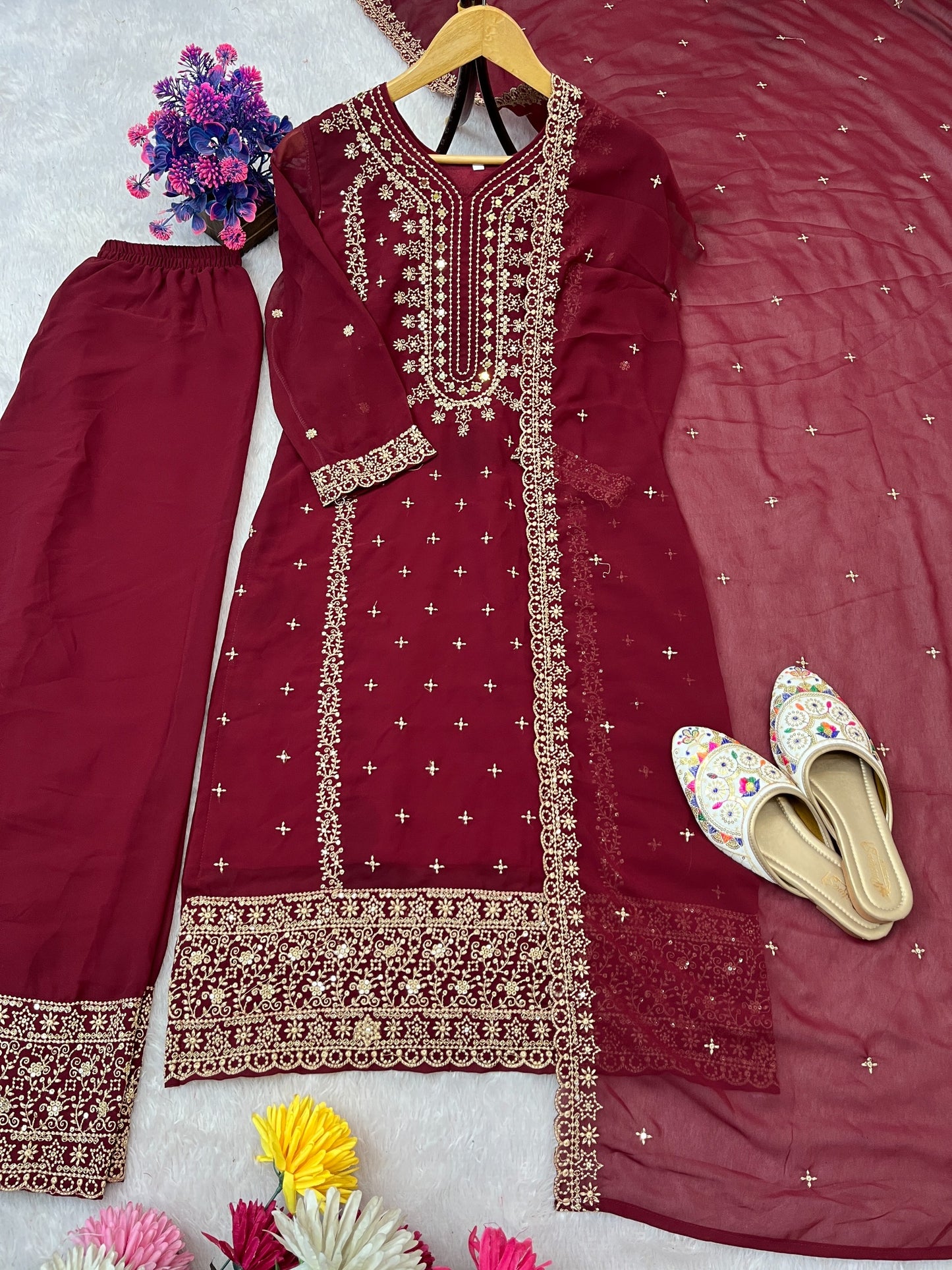 FESTIVE FAUX GEORGETTE HEAVY EMBROIDERED SEQUENCE PANT SET WITH DUPATTA