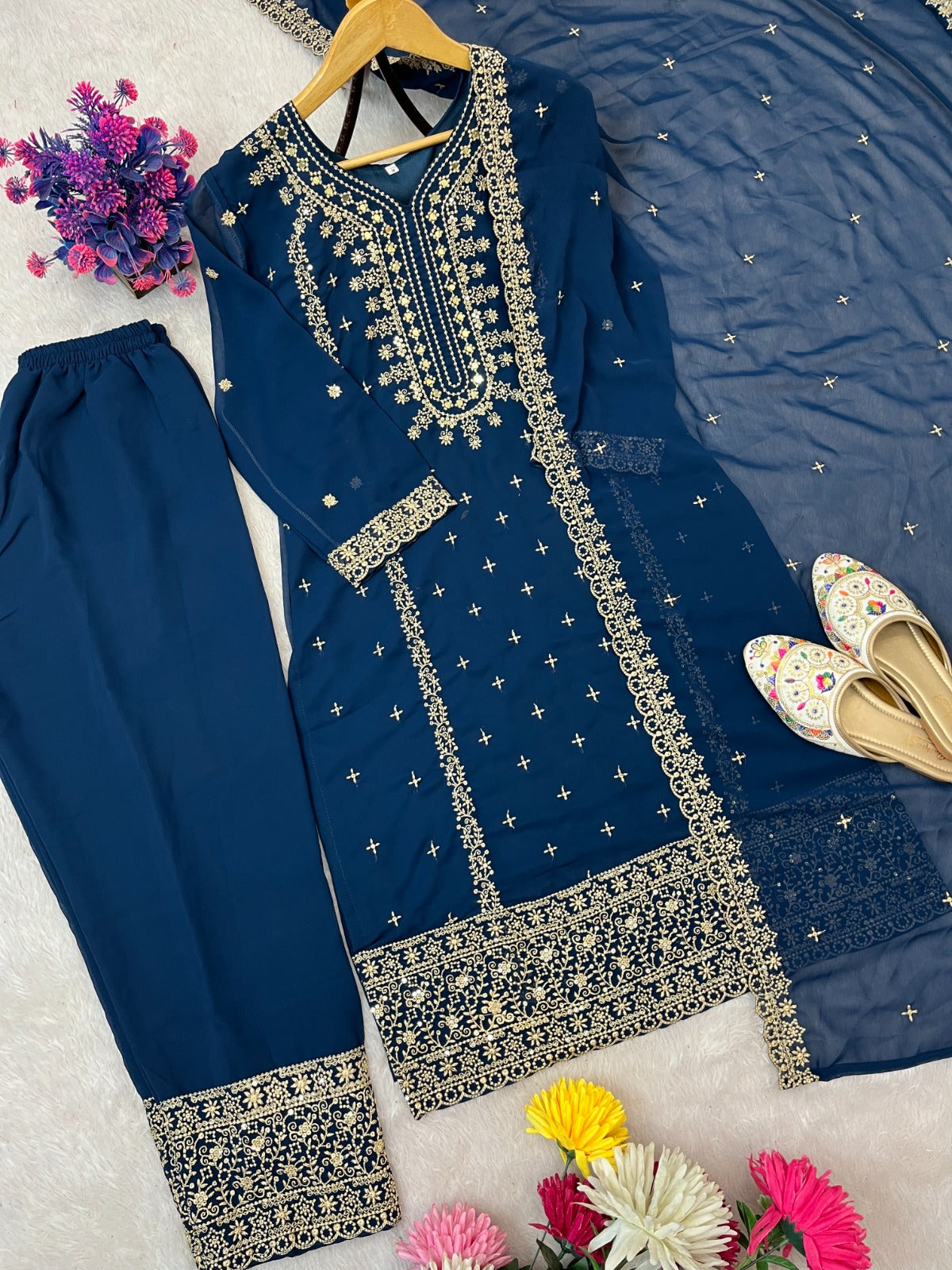 FESTIVE FAUX GEORGETTE HEAVY EMBROIDERED SEQUENCE PANT SET WITH DUPATTA