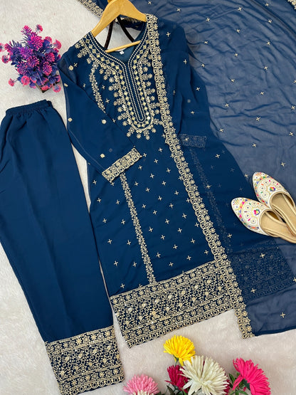FESTIVE FAUX GEORGETTE HEAVY EMBROIDERED SEQUENCE PANT SET WITH DUPATTA