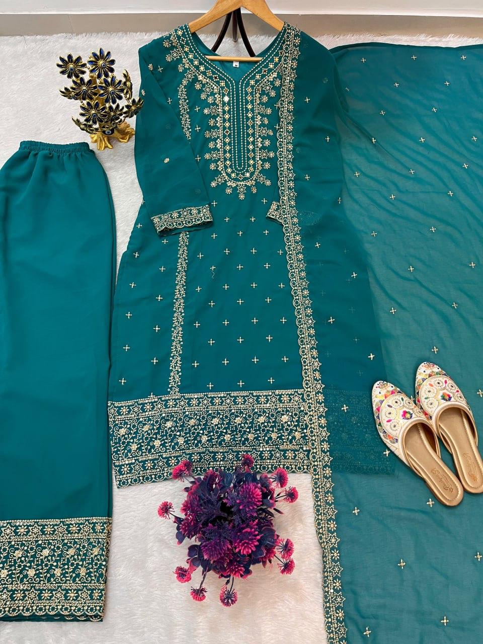 FESTIVE FAUX GEORGETTE HEAVY EMBROIDERED SEQUENCE PANT SET WITH DUPATTA