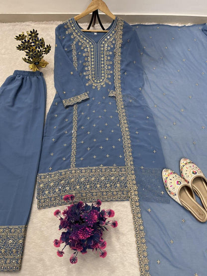 FESTIVE FAUX GEORGETTE HEAVY EMBROIDERED SEQUENCE PANT SET WITH DUPATTA
