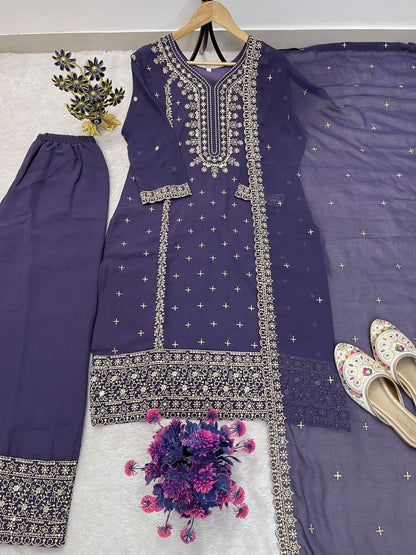 FESTIVE FAUX GEORGETTE HEAVY EMBROIDERED SEQUENCE PANT SET WITH DUPATTA