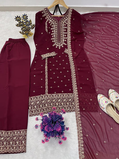 FESTIVE FAUX GEORGETTE HEAVY EMBROIDERED SEQUENCE PANT SET WITH DUPATTA