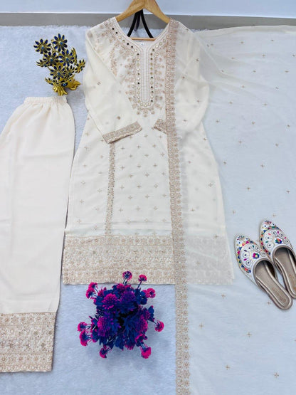 FESTIVE FAUX GEORGETTE HEAVY EMBROIDERED SEQUENCE PANT SET WITH DUPATTA