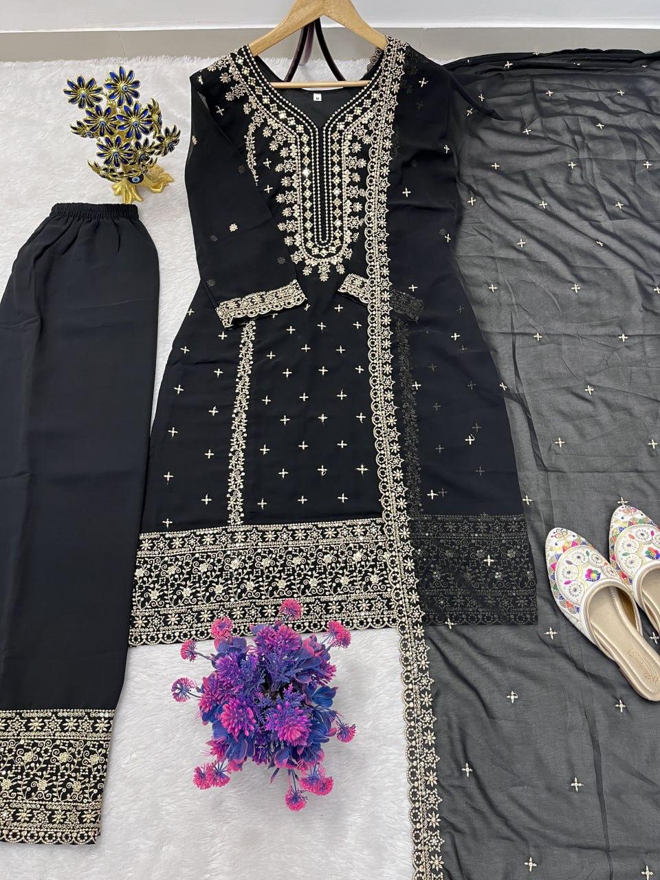 FESTIVE FAUX GEORGETTE HEAVY EMBROIDERED SEQUENCE PANT SET WITH DUPATTA