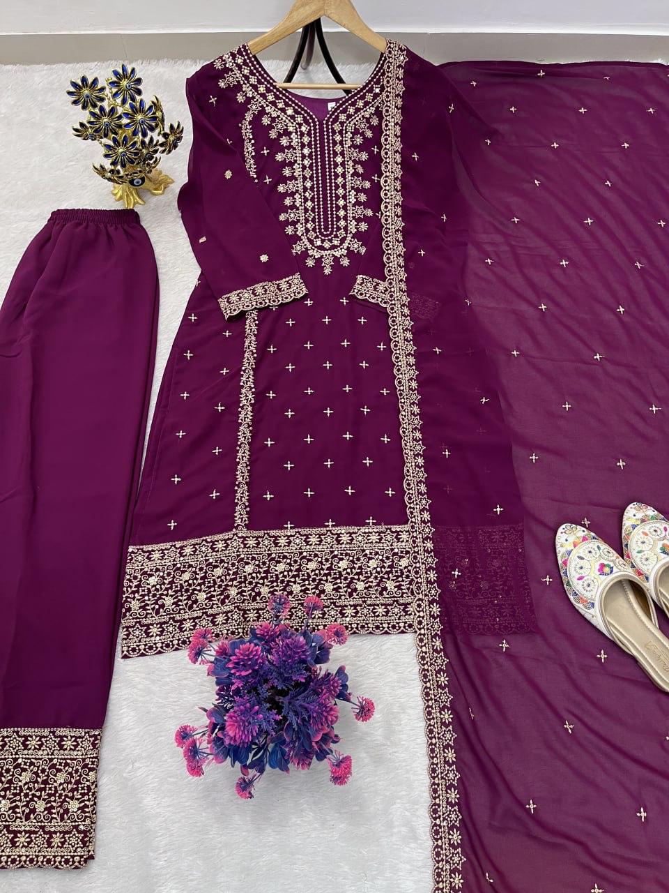 FESTIVE FAUX GEORGETTE HEAVY EMBROIDERED SEQUENCE PANT SET WITH DUPATTA