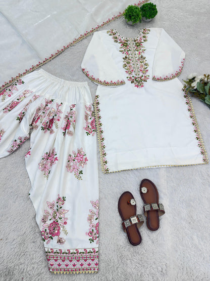 ELEGANT FRENCH CREPE EMBROIDERED FARSHI PANT SET WITH SILK DUPATTA