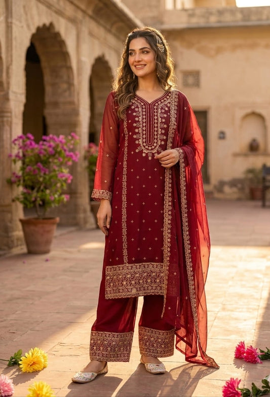 FESTIVE FAUX GEORGETTE HEAVY EMBROIDERED SEQUENCE PANT SET WITH DUPATTA