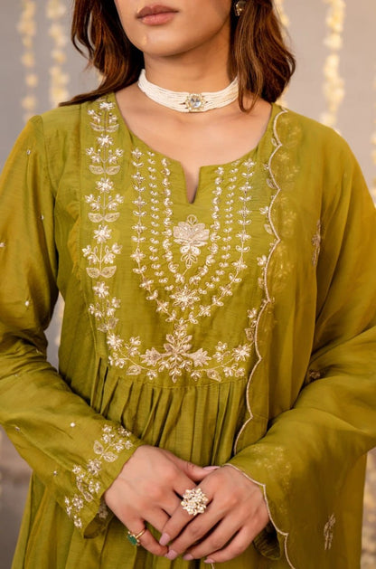 CHANDERI SILK EMBROIDERED SUIT SET WITH DUPATTA