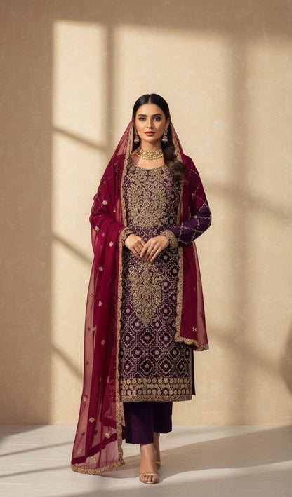 FULLY WORKED WINE SHALWAR
