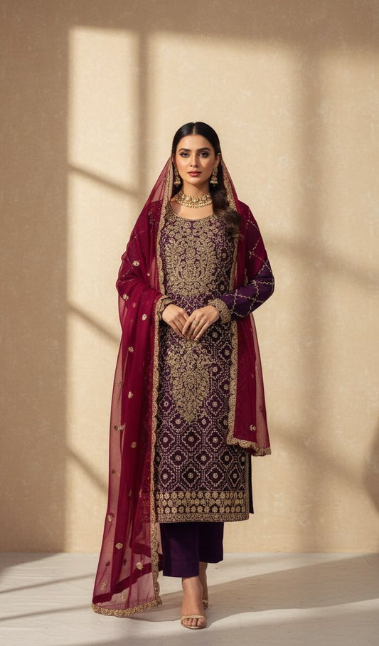 FULLY WORKED WINE SHALWAR