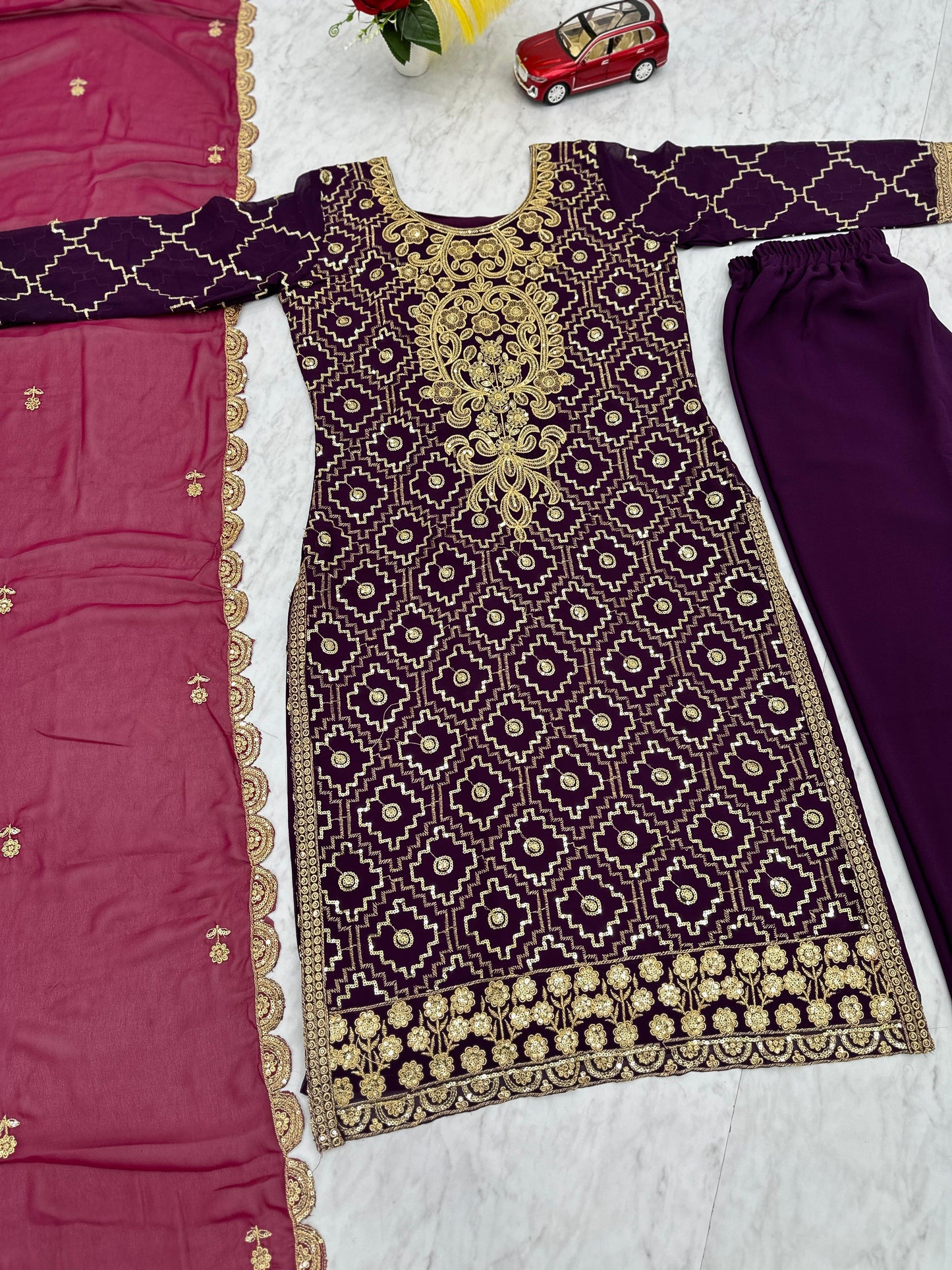 FULLY WORKED WINE SHALWAR
