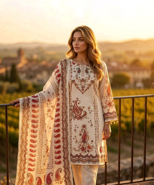 ELEGANT OFF-WHITE A-LINE AARI & MIRROR WORK SUIT SET WITH DUPATTA