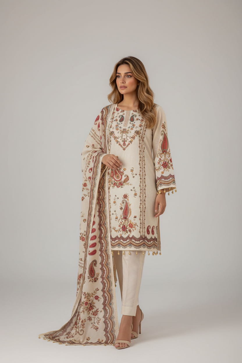 ELEGANT OFF-WHITE A-LINE AARI & MIRROR WORK SUIT SET WITH DUPATTA