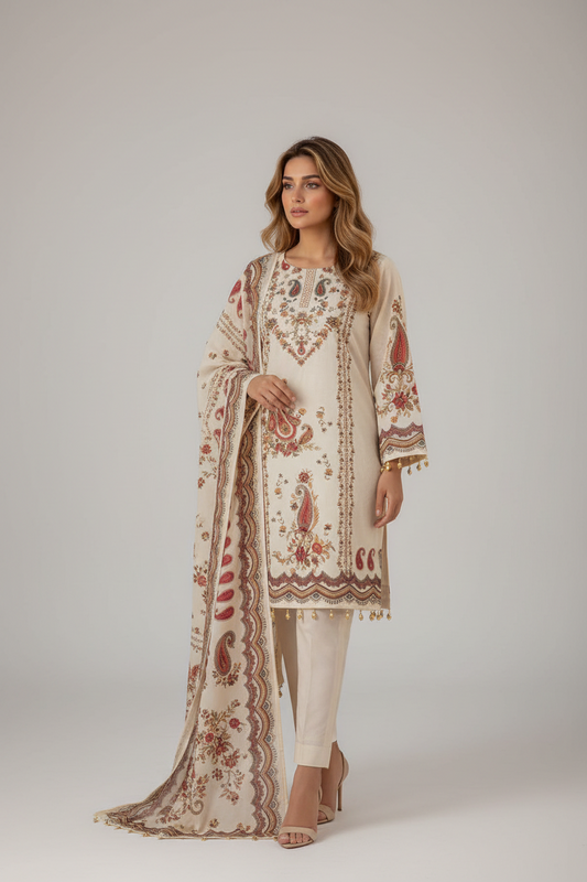 ELEGANT OFF-WHITE A-LINE AARI & MIRROR WORK SUIT SET WITH DUPATTA