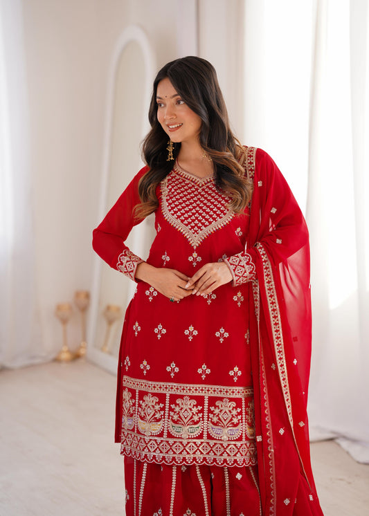 LUXURY FOX GEORGETTE EMBROIDERED SHARARA SET WITH DUPATTA