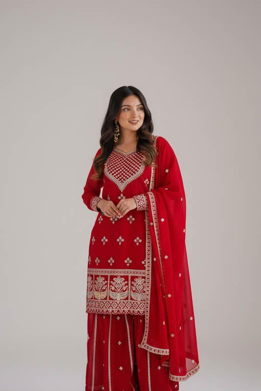 Woman wearing a red embroidered traditional outfit with a white background