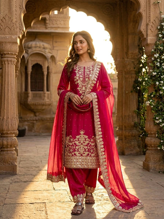 ROYAL GMY SILK EMBROIDERED CODING SEQUENCE CO-ORD SET WITH DUPATTA