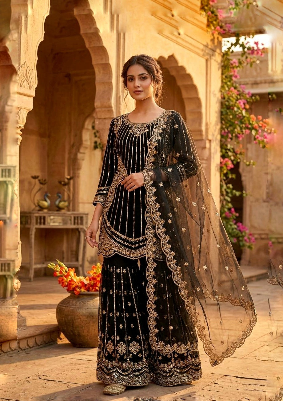 ELEGANT EMBROIDERED TOP AND PLAZZO SET WITH LACE DUPATTA