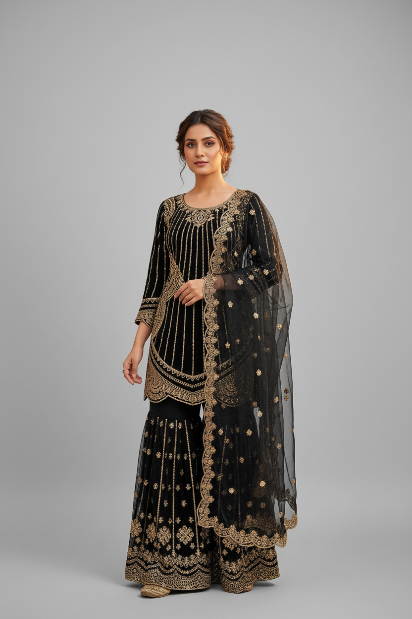 ELEGANT EMBROIDERED TOP AND PLAZZO SET WITH LACE DUPATTA