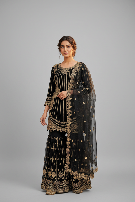 ELEGANT EMBROIDERED TOP AND PLAZZO SET WITH LACE DUPATTA